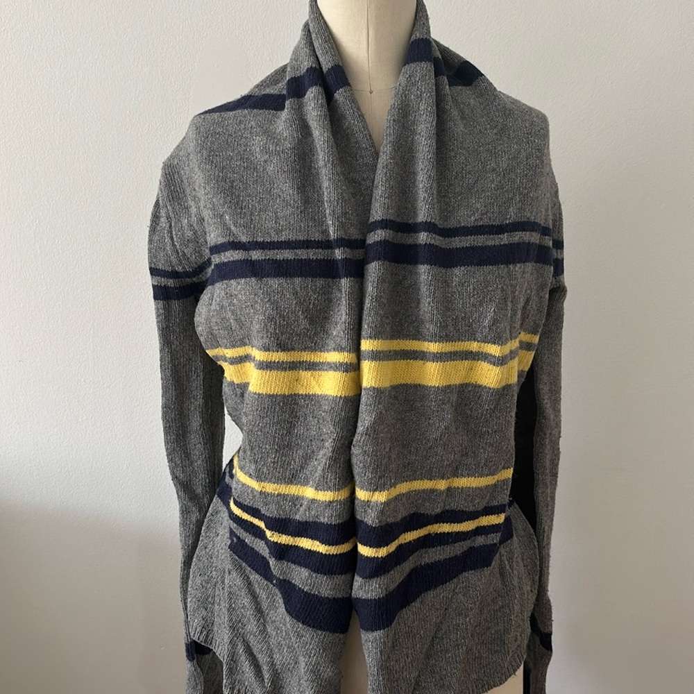 BCBG Gray Ccardigan with Navy and Yellow Stripes
